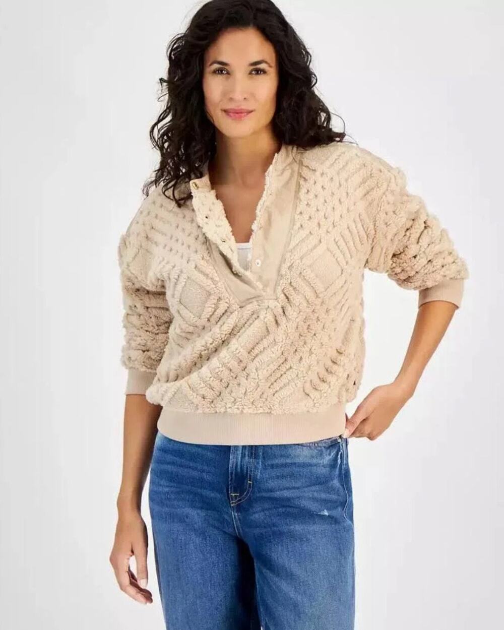 Tommy Hilfiger Textured Faux Fur Snap Front Sweatshirt Shacket Sweater Small